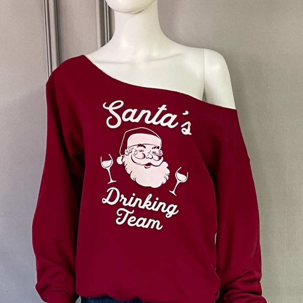 SANTA'S DRINKING TEAM OFF THE SHOULDER SWEATSHIRT CUSTOM